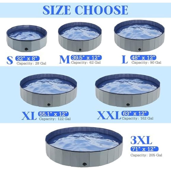 Foldable Dog Bath Swimming Pool 63'' Plastic Kiddie Pool Professional Tub Collapsible Grooming Bathtub for Pets Kids Baby and Toddler, 63 x 12 Inches Gray