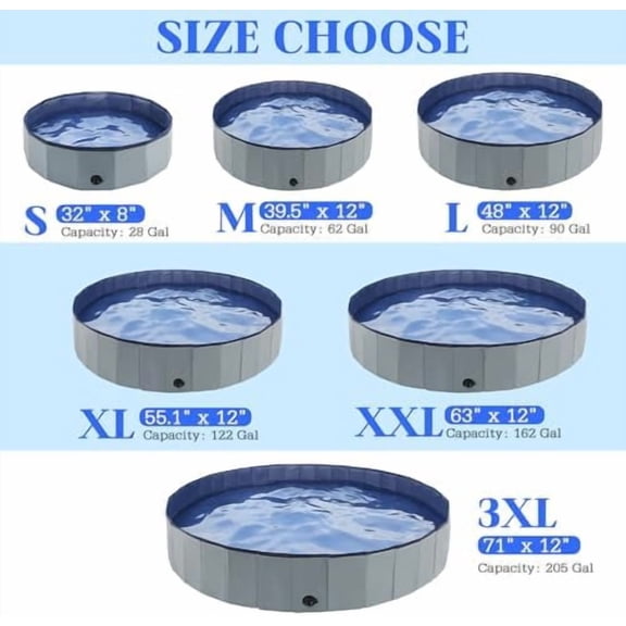 Foldable Dog Bath Swimming Pool 63'' Plastic Kiddie Pool Professional Tub Collapsible Grooming Bathtub for Pets Kids Baby and Toddler, 63 x 12 Inches Gray