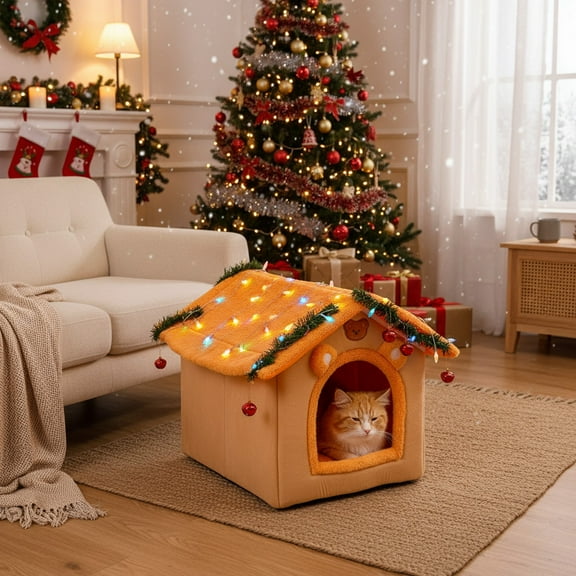 Foldable Dog and Cat House, Soft Plush Kennel Bed for Pets, Indoor Warm Puppy Cave with Non-Slip Base, Washable Cozy Pet Bed(Yellow, 15.74x17.71x17.71in)