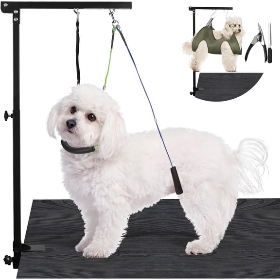 Foldable Dog Grooming Arm with ClampPet Grooming Table Arm with Adjustable No Sit Haunch HoldersDog Grooming Stand with Hammock and Harness for Small Medium Dogs at Home or Salon