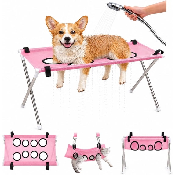 Foldable Dog Grooming Hammock Stand, 23.6" Portable Pet Bath Holder Sling Shower Chair with 8 Leg Openings for Small Dogs & Cats Nail Trimming (Pink)
