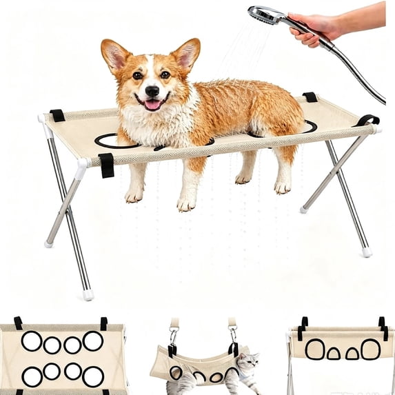 Foldable Dog Grooming Hammock Stand with Stainless Steel Frame and Adjustable Straps, Portable Pet Sling Bed for Small Dogs and Cats, for Bathrooms and Professional Salons