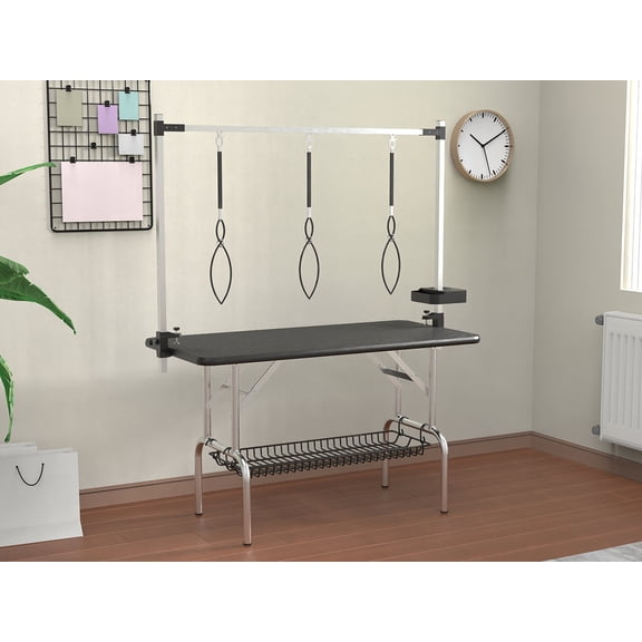 Foldable Dog Grooming Table for Large Dogs, 47 Stainless Steel Pet Station with Adjustable Arm and Nooses, Black Wood Platform with Mesh Tray and Tool Organizer for Home Grooming