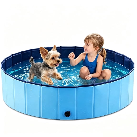 Foldable Dog Pool, 32" x 8" Kiddie Pool with Hard Plastic, Non-Slip Dog Bath Tub for Outdoor Backyard, Collapsible Dog Swimming Pool for Kids Dogs Pets