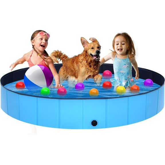 Foldable Dog Pool - 63" x 12" Anti-Slip Portable Dog Swimming Pool, Hard Plastic Collapsible Kiddie Pool for Outdoor and Indoor for Pets Dogs Cats and Kids