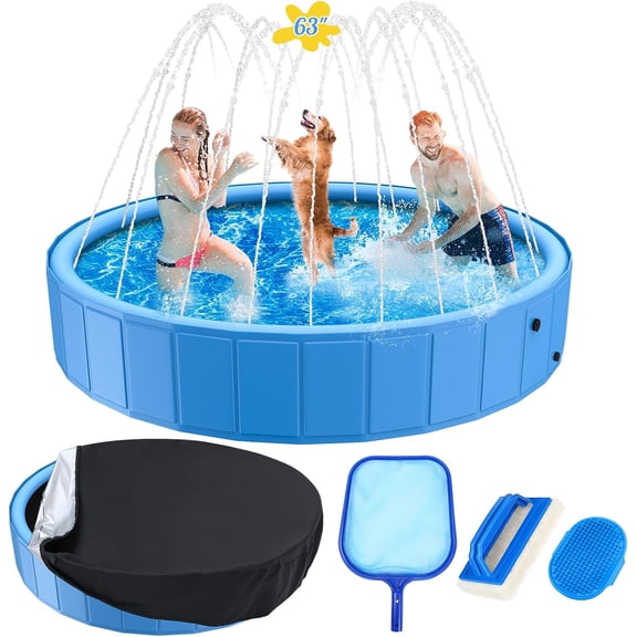 Foldable Dog Pool, 63in Large Sprinkler Pool with Cover, Heavy Duty Dogs Splash Pad with Sprinkler Bathtub for Large Medium Small Pets Summer Outside Water Playing
