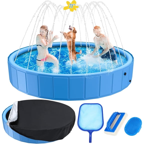 Foldable Dog Pool, 71 in Large Sprinkler Pool with Cover for Dog, Heavy Duty Dogs Splash Pad with Sprinkler Bathtub for Large Medium Small Pets Summer Outside Water Playing