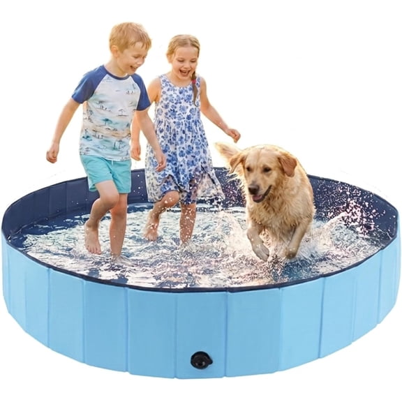 Foldable Dog Pool, Collapsible Pet Bath Tub & Kiddie Wading Pool, Portable Hard-Side Dog Swimming Pool for Puppies, Small & Medium Dogs, Cats and Kids (Blue, 55"-XL)