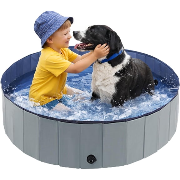 Foldable Dog Pool, Collapsible Pet Bath Tub & Kiddie Wading Pool, Portable Hard-Side Dog Swimming Pool for Puppies, Small & Medium Dogs, Cats and Kids (Gray, 39.5"-M)