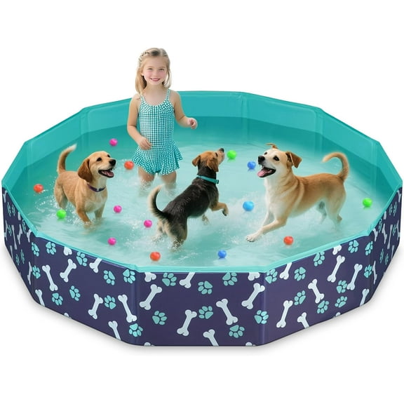 Foldable Dog Pool,Hard Plastic Dog Pools for Large Dogs, Non-Slip & Chew-Resistant Portable Bathtub for Pets, Collapsible Pool for Outdoor Backyard (64" x 12")