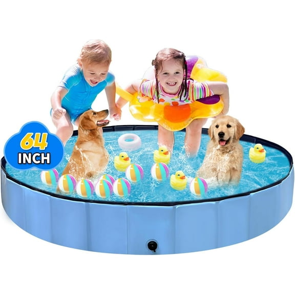 Foldable Dog Pool, Hard Plastic Kiddie Pool for Toddlers 1-3, 64" Blue Pet Bathing Tub, Swimming Pool for Kids, Foldable Kids Pool for Backyard, Play Pool for Kids, Doggie, Kitty