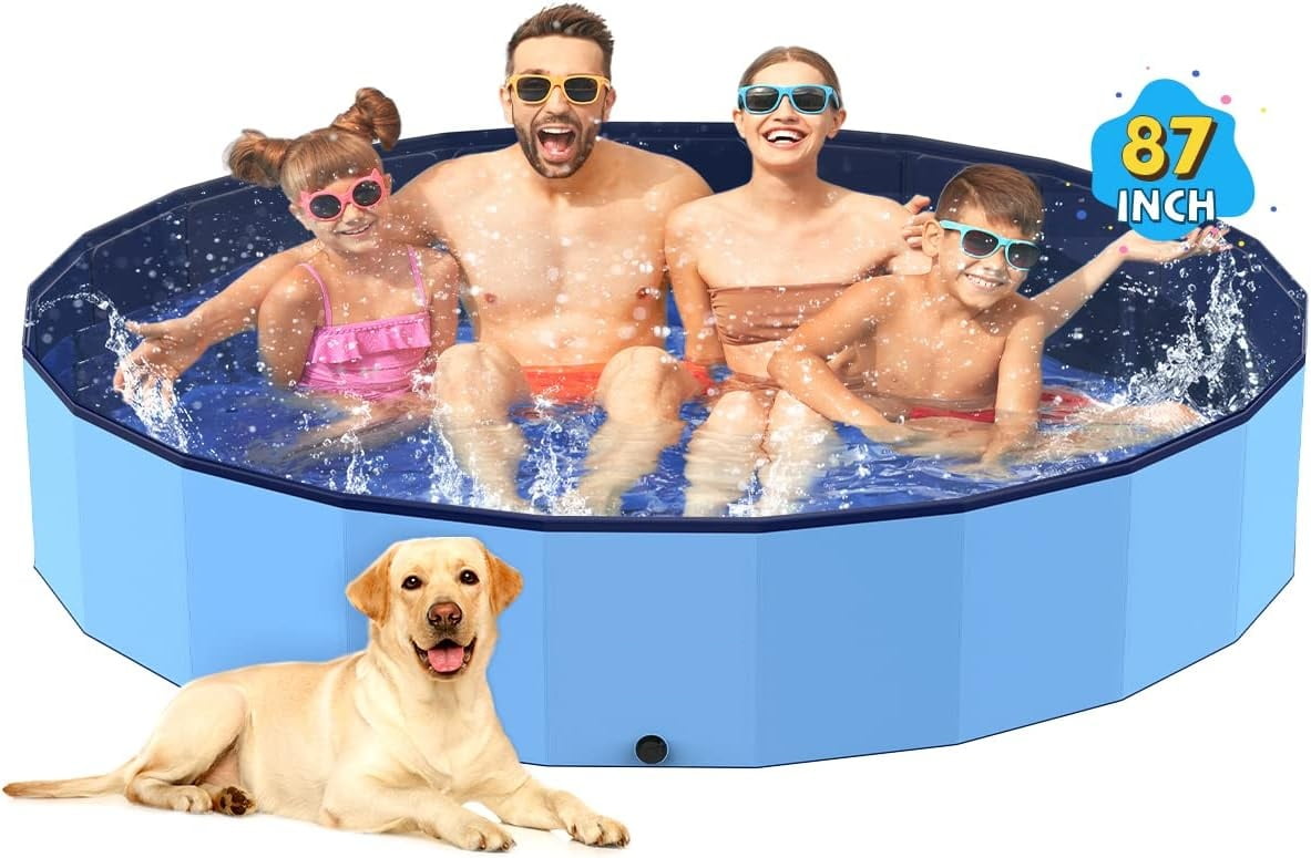 Foldable Dog Pool, Hard Plastic Shell Portable Swimming Pool for Dogs Cats and Kids Pet Puppy Bathing Tub Collapsible Kiddie Pool (87inch.D x 15.7inch.H, Blue)