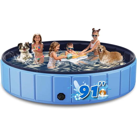 Foldable Dog Pool for Large Dogs, 91 Collapsible Hard-Side Dog Swimming Pool, Leakproof PVC Portable Pet Bath Tub & Kiddie Pool, Non-Slip Bottom, Indoor & Outdoor, Blue