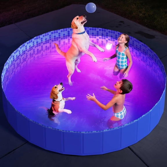 Foldable Dog Pool with RGB LED Light, 78" Collapsible Hard Plastic Kiddie Swimming Pool with Remote for Small Medium Large Doggie Kitty Puppy, Pet Bathing Tub Wading Pool