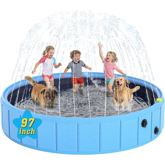 Foldable Dog Pool with Sprinkler, 97'' Extra Large Non-Slip Dog Swimming Pool, 2-in-1 Outdoor Backyard Pet Bathing Tub with Drain Plug for Dogs Kids Pets Ducks