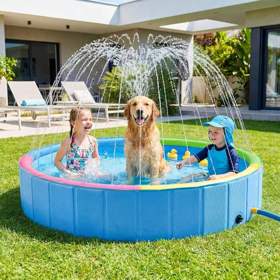 Foldable Dog Pool with Sprinkler, Ideal Splash for Kids and Dogs, Large 48” Splash Pad Hard Plastic Kiddie Pools Non Slip Portable Dog Swimming Pool for Outdoor Backyard