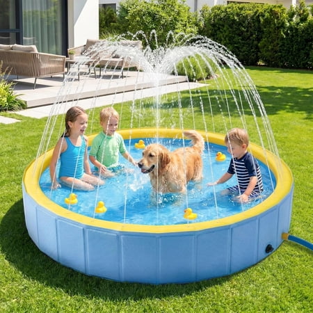Foldable Dog Pool with Sprinkler, Ideal Splash for Kids and Dogs, Large 63” Splash Pad Hard Plastic Kiddie Pools Non Slip Portable Dog Swimming Pool for Outdoor Backyard