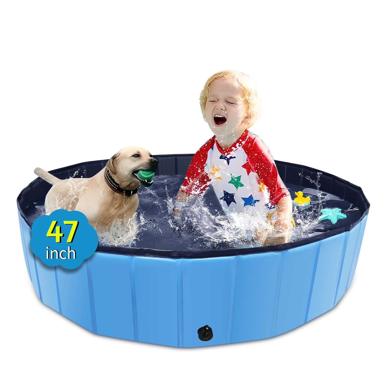 Foldable Dog Pool for Large Dogs & Kids, Collapsible Hard Plastic Kiddie Pool Non-Slip Pet Bath Tub for Outdoor Backyard, Blue