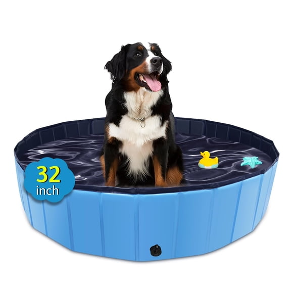 Foldable Dog Pool for Large Dogs & Kids, Collapsible Hard Plastic Kiddie Pool Non-Slip Pet Bath Tub for Outdoor Backyard, Blue