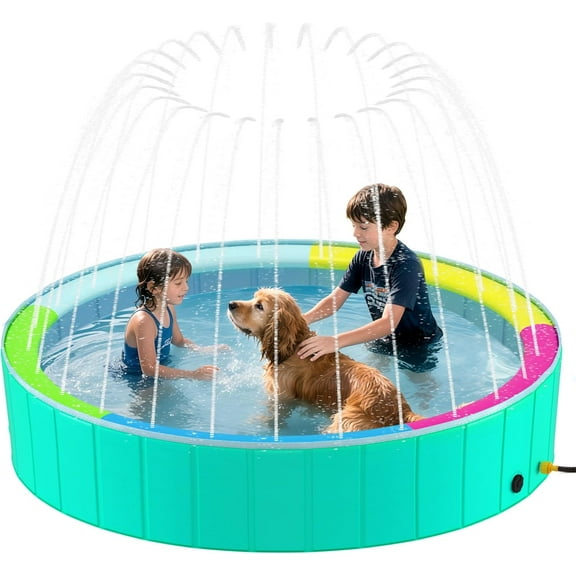 Foldable Dog Pool with Sprinkler for Large Dogs, Portable Hard Plastic PVC Pet Bathing Tub, Outdoor Collapsible Swimming Pool for Pets, 97'' x 16''