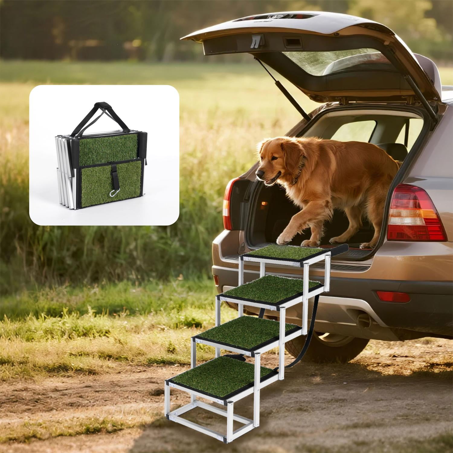 Foldable Dog Ramp, Lightweight Pet Stairs for SUV and Truck, Reinforced Design with Non-Slip Surface, Aluminum Dog Ramp Supports Up to 250lbs, Folding Dog Steps in Green