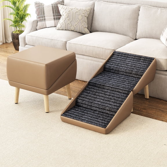 Foldable Dog Stairs for Small Dogs, 2-in-1 Pet Steps & Ottoman for Couch, Non-Slip Wooden Pet Ramp for Puppy Senior Injured Dogs, Coffee