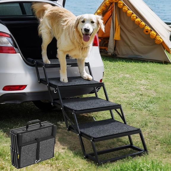 Foldable Dog Steps for Car Truck, 4 Steps Collapsible Dog Stairs for Car Large Dogs 17" Wide, Heavy Duty Outdoor Pet Ramp Ladder Portable with Non Slip Surface for Dogs, Support up to 200 lbs