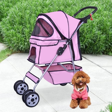 Foldable Dog Stroller, 4 Wheel Pet Stroller with Storage Basket, Handle 360° Front Wheel Rear Wheel with Brake for Small Medium Dogs & Cats, Pink