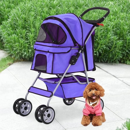 Foldable Dog Stroller, 4 Wheel Pet Stroller with Storage Basket, Handle 360° Front Wheel Rear Wheel with Brake for Small Medium Dogs & Cats, Purple