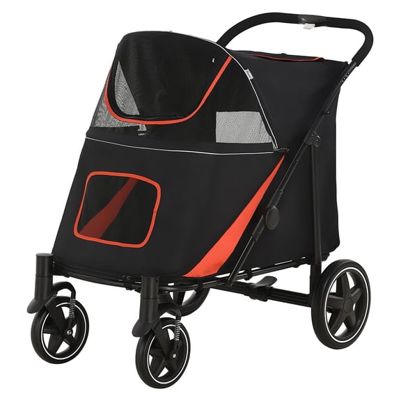 Foldable Dog Stroller for Medium/Large Dogs, Pet Stroller with Storage, Shock Absorption, Mesh Window & Safety Leash, Black