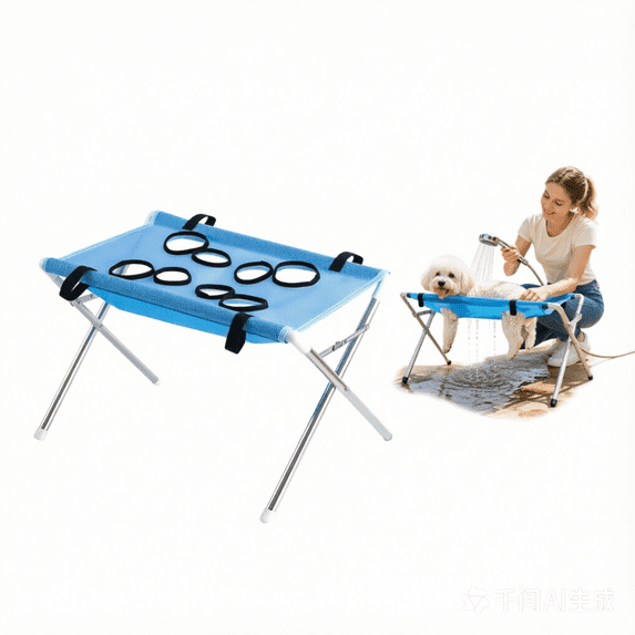 Foldable Dog bathing Station Stainless Steel Stand with Adjustable Straps, Pet Grooming Hammock Heavy‑Duty Frame for Small Pets Nail Trimming Bath Grooming Blue