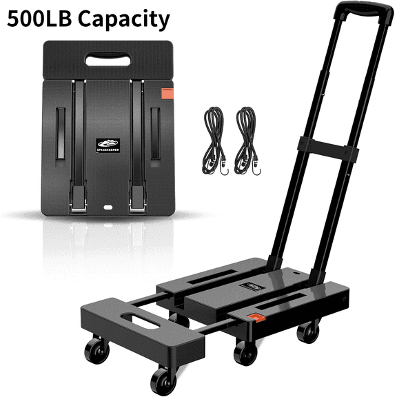 Foldable Dolly, Heavy Duty Dolly Cart, Folding Hand Truck with 6 Wheels & 2 Elastic Ropes, 500 LB Dolly Cart Capacity Portable Luggage Cart for Moving, Traveling and Shopping, Black, 6 Wheels