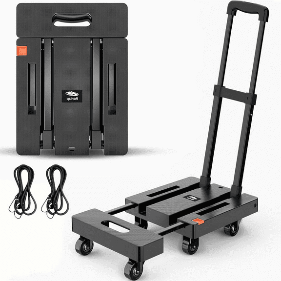 Foldable Dolly, Heavy Duty Dolly Cart, Folding Hand Truck with 6 Wheels & 2 Elastic Ropes, 500 LB Dolly Cart Capacity Portable Luggage Cart for Moving, Traveling and Shopping, Black