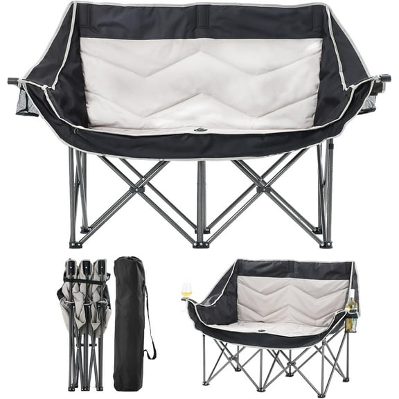 Foldable Double Camping Couch, Padded Loveseat with Cup Holders, Side Pockets, Wine Holder & Carry Bag for Outdoor Adventures