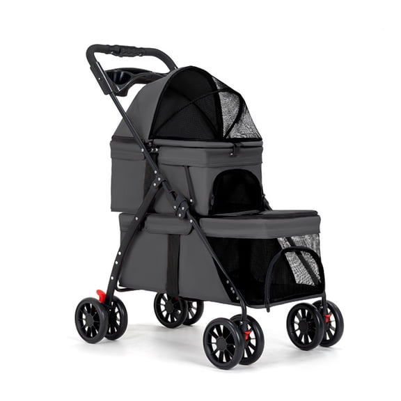 Foldable Double Decker Pet Stroller - Weatherproof 2-Tier Pet Stroller for Small/Medium Dogs Cats, Breathable Mesh Design with Cup Holder & Under-Seat Storage