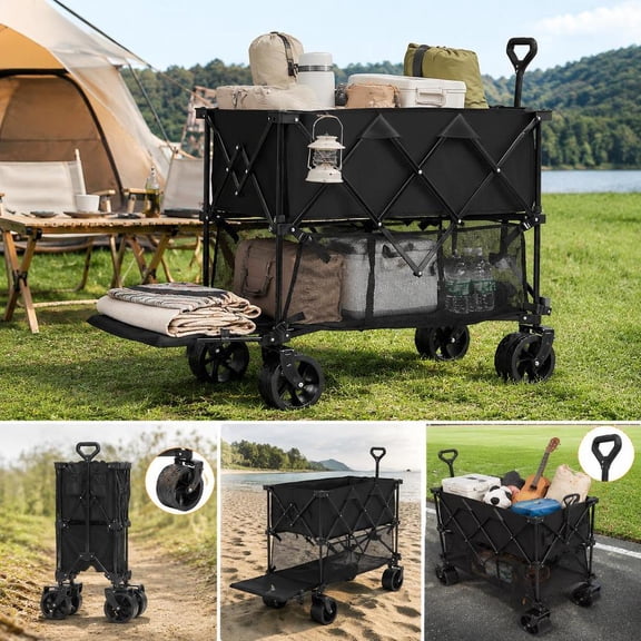 Foldable Double Decker Wagon Cart, 400L Collapsible Design, All-Terrain Wheels, 450 Lb Load Capacity