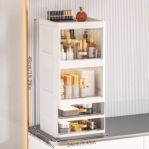 Foldable Double Door Makeup Organizer - Multi-layer Plastic Storage Box for Makeup, Skincare, Toiletries - Space-saving Bathroom Vanity with Clear and Solid Panels, Bathroom Organization and Storage