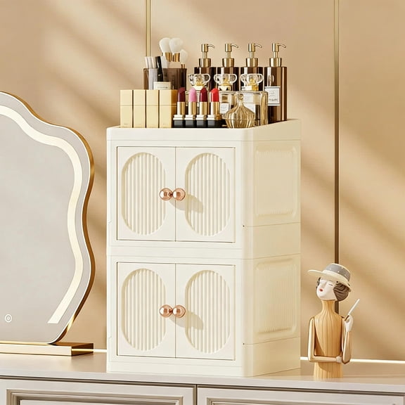 Foldable Double-Door Skincare Storage Cabinet with Large Capacity for Makeup and Stationery Organizer, No Assembly Needed, Stackable Plastic Organizer with Transparent Doors