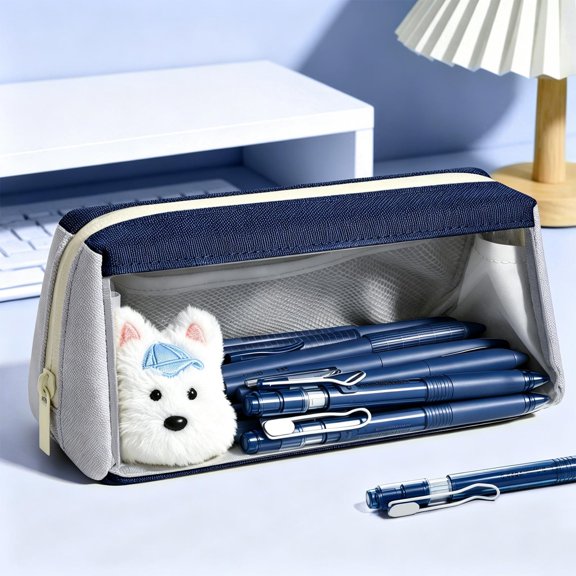 Foldable Double-Layer Clear Pencil Bag, Large Capacity Wide Opening Case with Phone Stand, Portable Organizer for Pens Markers Cables Cosmetics Office Desk Supplies and Travel Storage, Dark Blue
