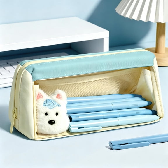 Foldable Double-Layer Clear Pencil Bag, Large Capacity Wide Opening Case with Phone Stand, Portable Organizer for Pens Markers Cables Cosmetics Office Desk Supplies and Travel Storage, Light Blue
