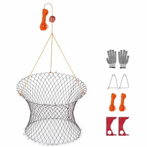 Foldable Double Ring Crab Trap 24x20 in with Gauge, 60 ft Rope, Wire Grid Bottom, 2 Set