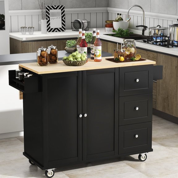 Foldable Drop Leaf Breakfast Bar | Rolling Kitchen Island with Locking Wheels and Drawers | Space - saving Kitchen Solution
