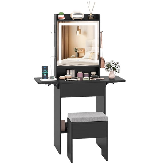 Foldable Drop Leaf Makeup Vanity Desk with 3 Color LED Mirror & Charging Hub, Vanity Desk Set with Storage & Cushioned Stool for Bedrooms Apartments, Black