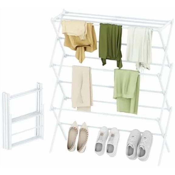 Foldable Drying Rack Clothing, 3-Tier Portable Clothes Drying Racks for Indoor & Outdoor, Anti-Rust Compact Laundry Rack Collapsible, White 29" D x 14" W x 41" H
