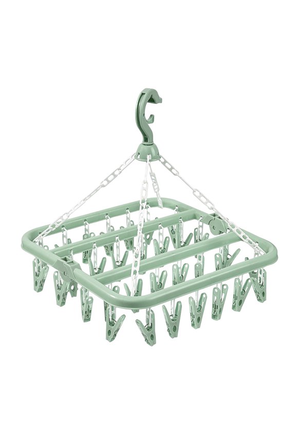 Foldable Drying Rack, Green 32-Clip Collapsible Hanger, Socks Underwear Drying Rack - With 32 Clothespins, Wind-Proof Hook, Non-Marking, Foldable, Multi-Functional - For