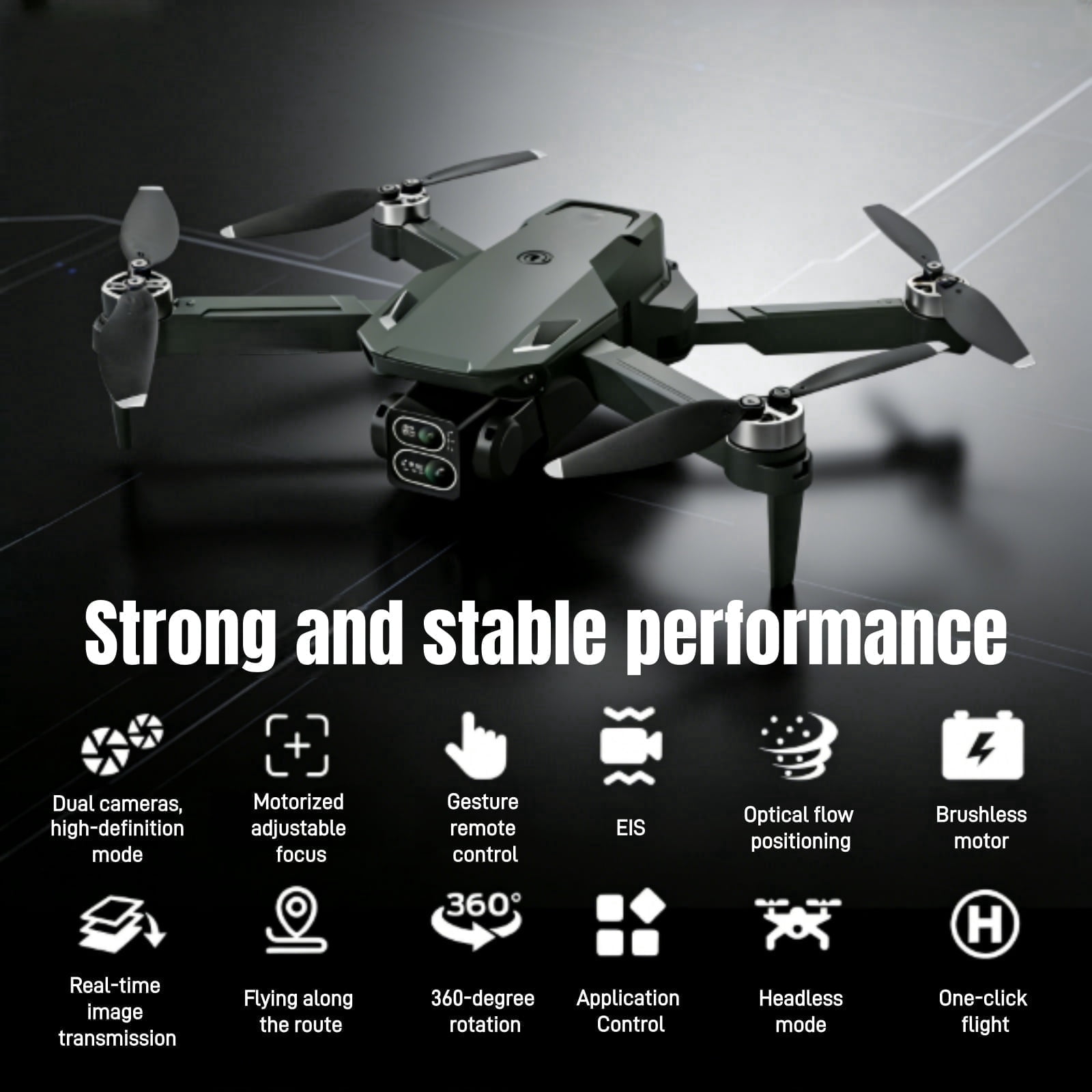 Foldable Dual-Camera Drone with Brushless Motor, Optical Flow Positioning, 4K HD FPV, Long Flight Time with 2 Batteries, Remote Control – Army Green.