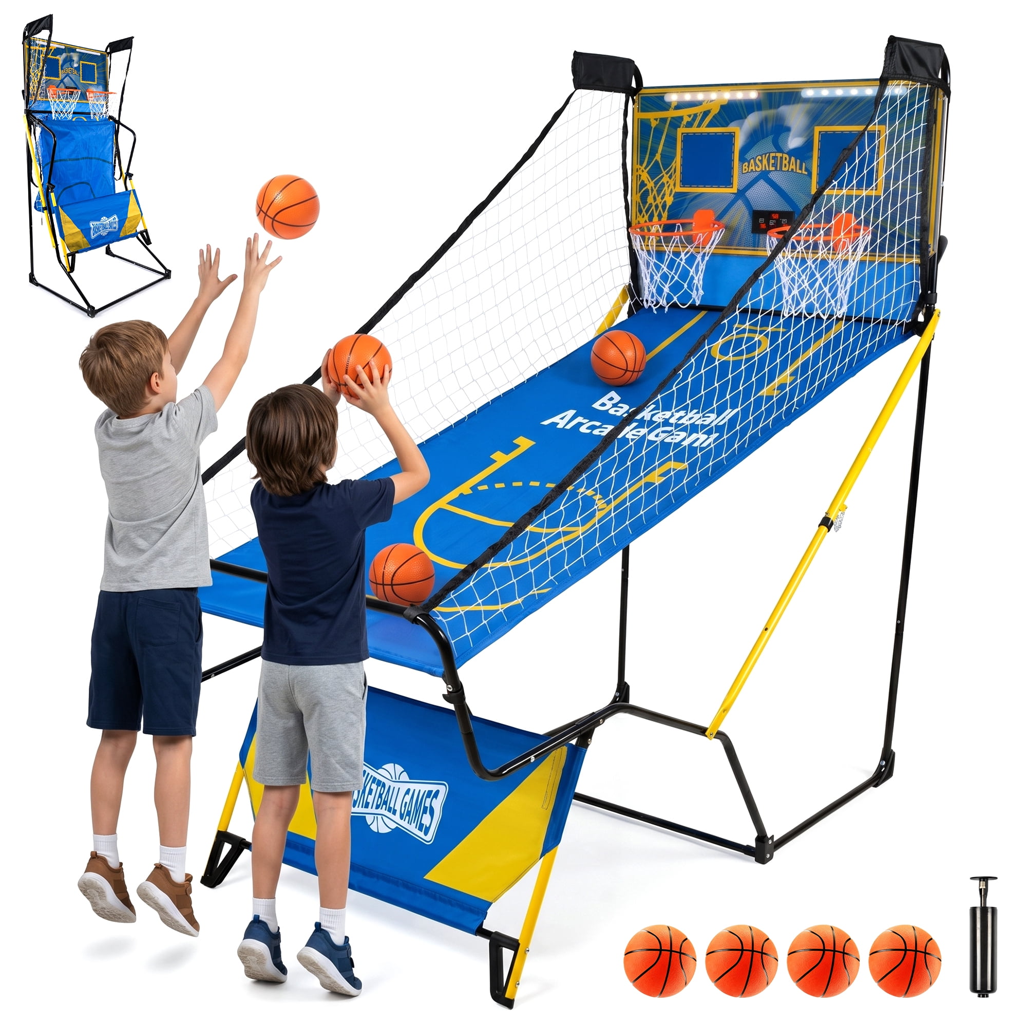 Foldable Dual Shot Basketball Arcade Game with LED Electronic Scorer, 4 Mini Basketballs & Hand Pump Included, Two-Player Indoor Shooting Game for Kids Teens Family Game Night