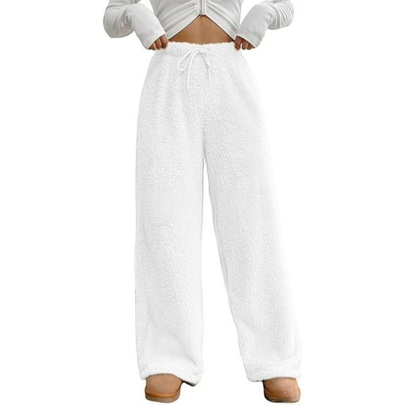 Warm Fleece Sleep Pants Women's Comfortable Winter Loungewear Wide Leg Elastic Waist Soft Home Casual Wear Holiday Comfo