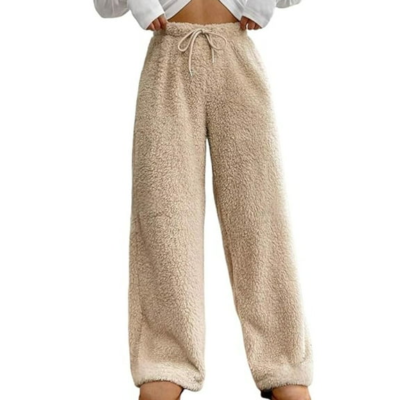 Warm Fleece Sleep Pants Women's Comfortable Winter Loungewear Wide Leg Elastic Waist Soft Home Casual Wear Holiday Comfo