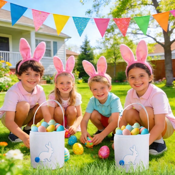 Foldable Easter Basket Bag, Rabbit Shaped Storage Tote with Handles for Ki-ds Egg Hunt, Blue Bunny Decor & Spring Gift Basket, Collapsible Fabric Bin